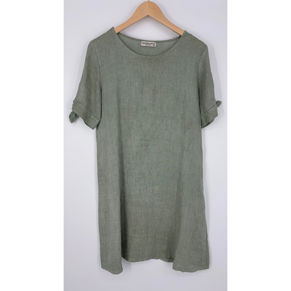 Terzo Millennio Linen Dress Womens M Green Short Sleeve Tie Cuff Made in Italy
